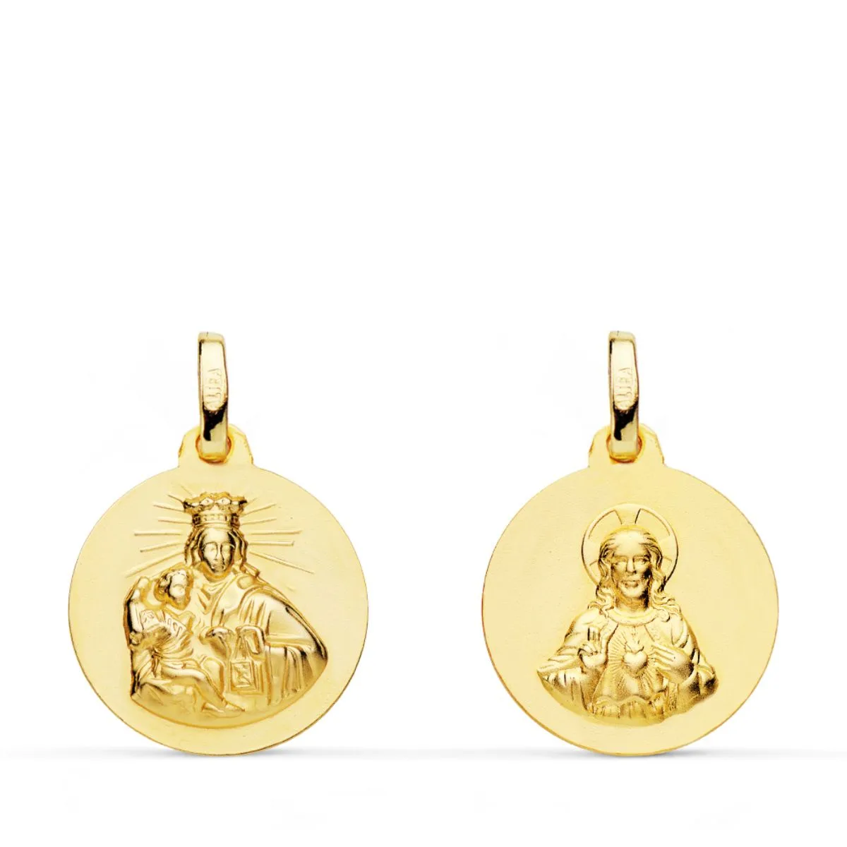18K ESCAPULARIO ORO AMARILLO VIRGEN DEL CARMEN Y CORAZON DE JESUS LISO 16 MM