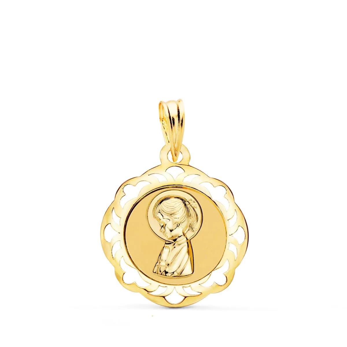 18K MEDALLA ORO AMARILLO VIRGEN NIÑA CERCO CALADO EN BRILLO 20X18 MM