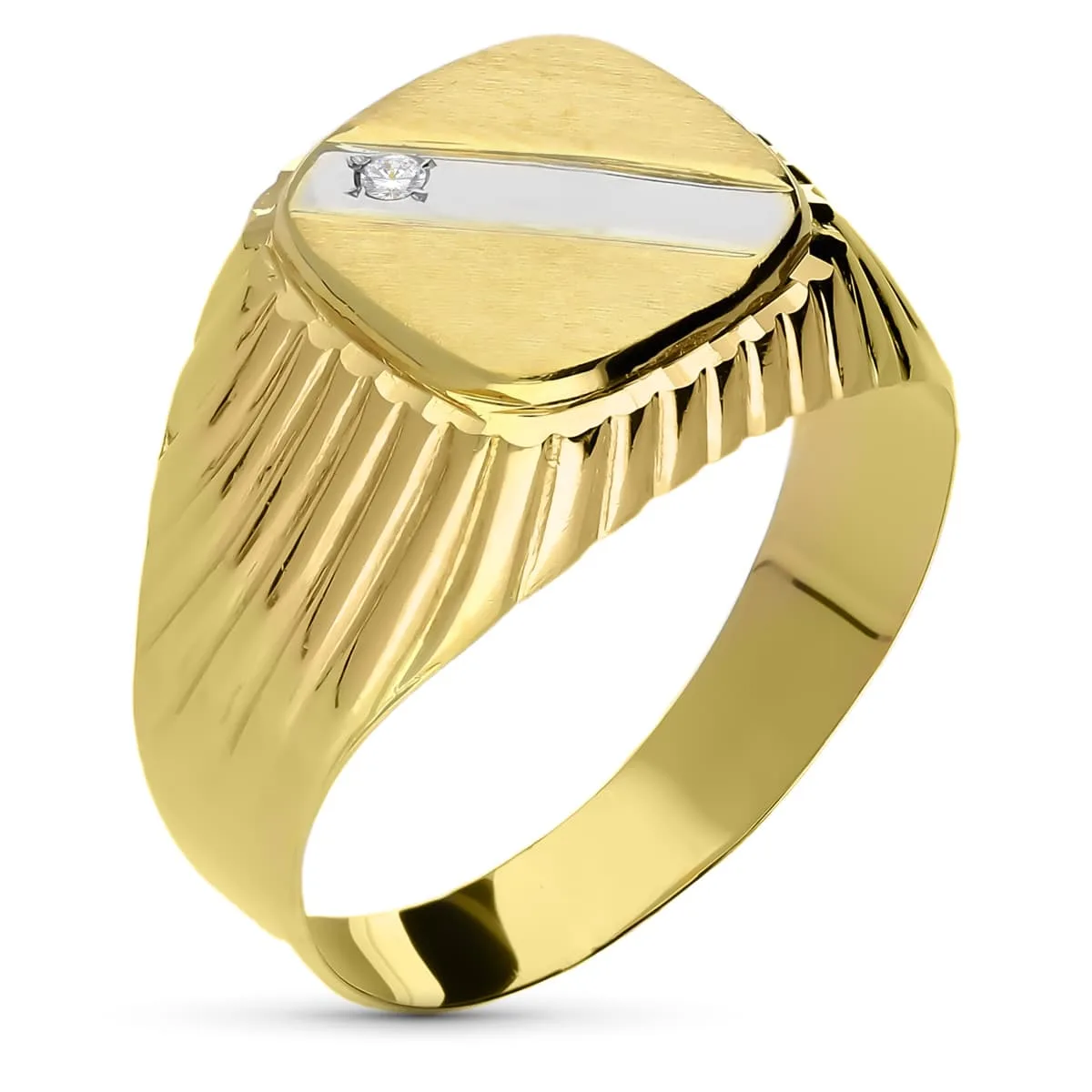 18K SELLO ORO BICOLOR HUECO GALLONEADO CON BANDA Y CIRCONITA.