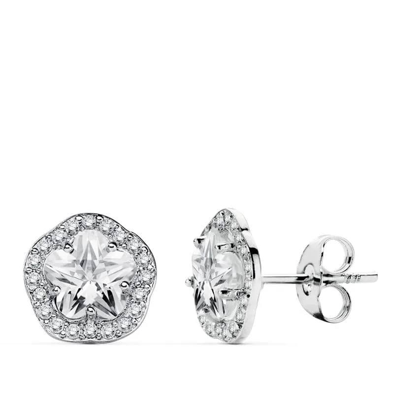 18K PENDIENTES ORO BLANCO FLOR Y CIRCONITA 9 MM CIERRE PRESION