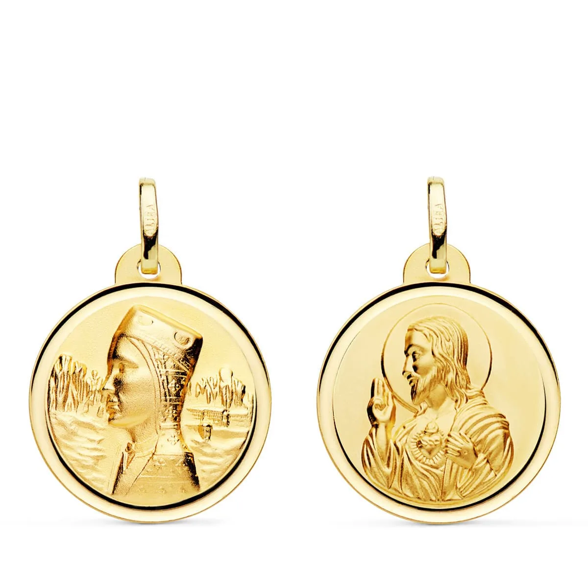 18K ESCAPULARIO ORO AMARILLO VIRGEN MONTSERRAT Y CORAZON DE JESUS BISEL 20 MM